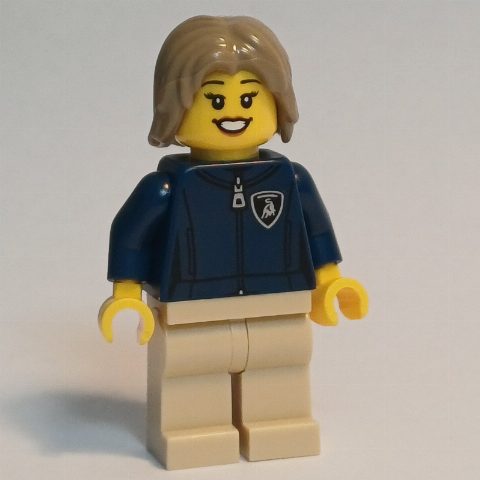 Minifigurka Lamborghini Driver, Dark Blue Torso, Tan Legs, Dark Tan Hair