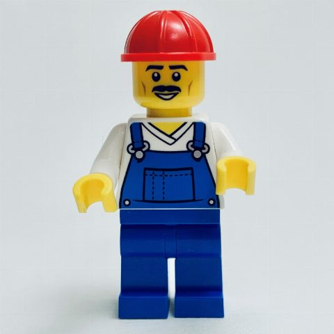 Minifigurka Construction Worker, Blue Overalls, Red Hard Hat, Moustache