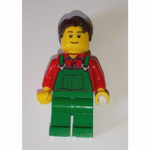 Minifigurka Red Torso, Green Overall, Dark Brown Hair