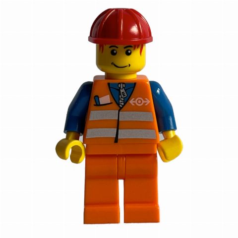 Minifigurka Train Worker - Orange Safety Vest, Orange Legs, Red Helmet, red Hair