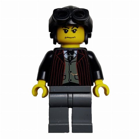 Minifigurka Pilot, Open Black Jacket over Dark Gray Vest and Tie, Black Hat with Goggles
