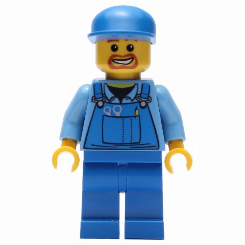 Minifigurka Construction Worker, Blue Overalls over Medium Blue Shirt, Blue Cap, Goatee Beard