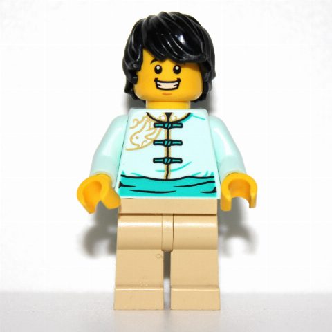 Minifigurka Light Aqua Torso, Tan Legs, Black Hair