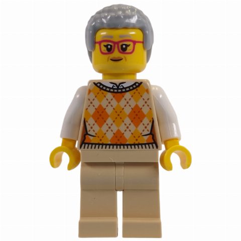 Minifigurka Tan Torso, Tan Legs, Light Bluish Grey Hair, Red Glasses