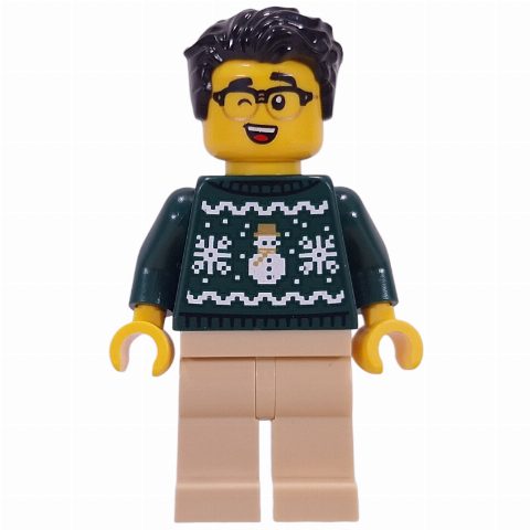 Minifigurka Dark Green Sweater, Tan Legs, Black Hair