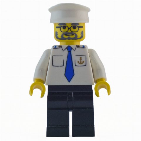Minifigurka Ship Captain, White Shirt with Anchor and Tie, Black Legs, White Hat, Beard and Glasses