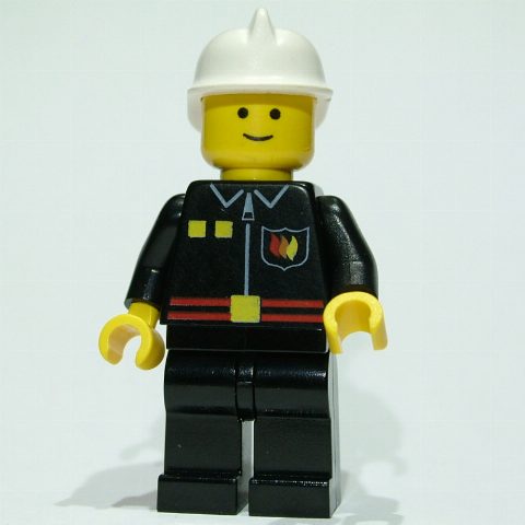 Minifigurka Fireman, Black Fire Jacket with Red Belt and Badge, White Helmet