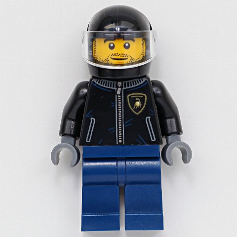 Minifigurka Race Driver, Black Racing Jacket, Dark Blue Legs, Black Helmet, Stubble