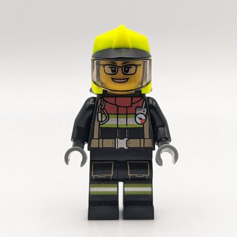 Minifigurka Firefighter, Black Suit, Vibrant Green Helmet with Visor, Glasses