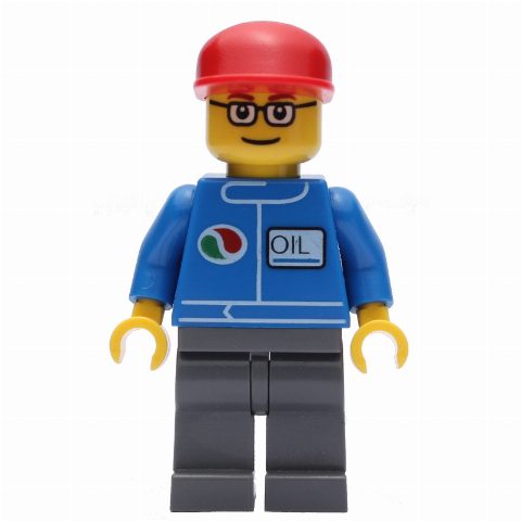 Minifigurka Mechanic, Blue Jumpsuit with Octan Logo, Dark Bluish Gray Legs, Red Cap, Glasses