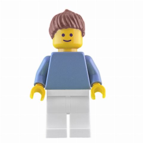 Minifigurka Sand Blue Torso, White Legs, Reddish Brown Hair
