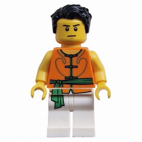 Minifigurka Racer, White and Orange Robe with Ties and Sash Belt, Black Hair, Scared / Neutral