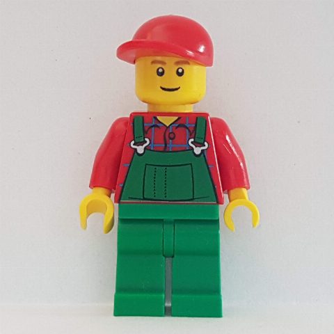 Minifigurka Man, Green Overalls over Red Shirt, Red Cap, Brown Eyebrows, Reddish Brown Eyebrows