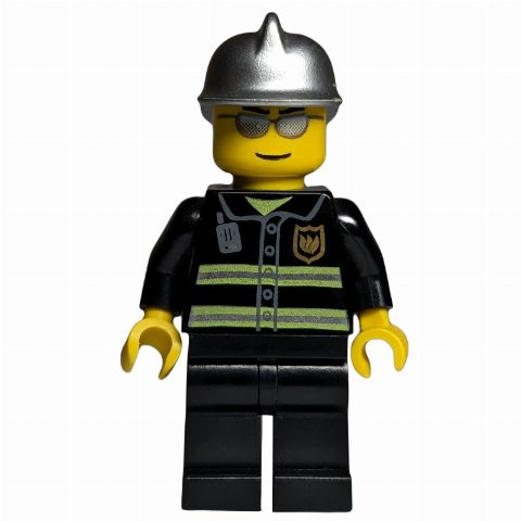 Minifigurka Fireman, Black Fire Jacket with Reflective Stripes, Radio, and Badge, Silver Helmet, Silver Sunglasses