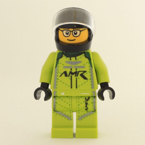 Minifigurka Race Driver, Lime Racing Suit, Black Helmet, Glasses