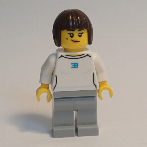 Minifigurka Race Driver, White Shirt, Light Bluish Gray Legs, Dark Brown Hair