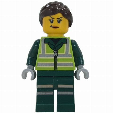 Minifigurka Recycling Worker, Lime Safety Vest, Dark Green Legs, Dark Brown Hair