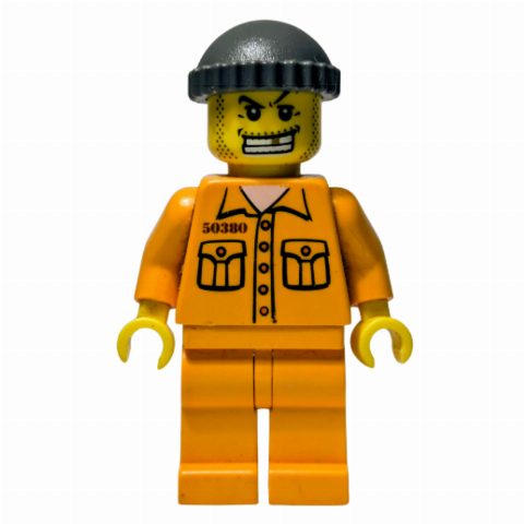 Minifigurka Criminal, Orange Prison Outfit with #50380, Dark Gray Hat, Gold Tooth