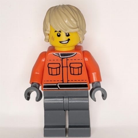 Minifigurka Pit Crew, Reddish Orange Torso, Dark Bluish Grey Legs, Tan Hair
