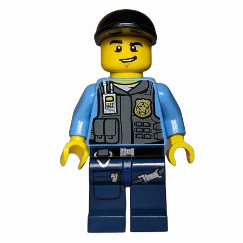 Minifigurka Policeman, Vest with Badge, Pockets, and Radio, Black Cap
