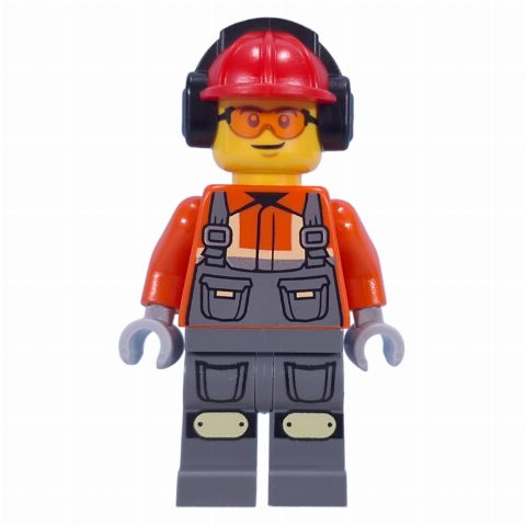 Minifigurka Construction Worker, Reddish Orange Jacket, Overall, Red Hard Hat with Ear Protection