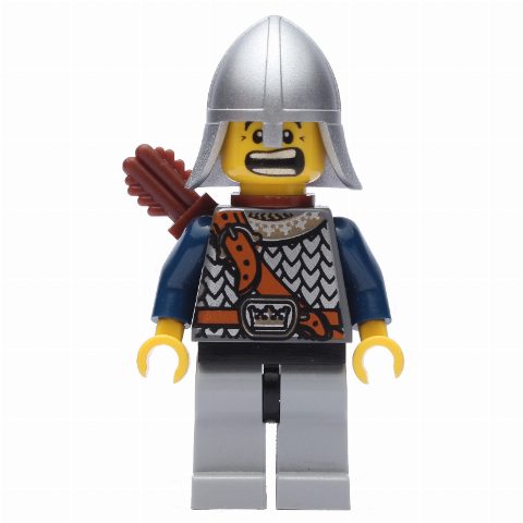 Minifigurka Knight, Archer with Metallic Silver Helmet, Light Bluish Grey Legs, and Quiver