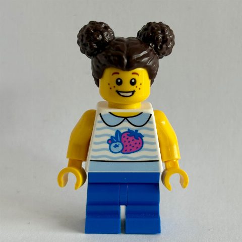 Minifigurka Girl, White Torso, Blue Medium Legs, Dark Brown Hair