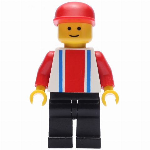 Minifigurka Man - White Torso with Blue/Red Stripes, Black Legs, Red Cap