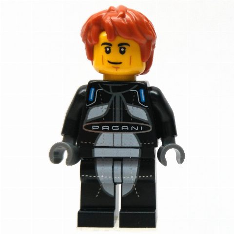Minifigurka Race Driver - Black Torso, Black Legs, Dark Orange Hair