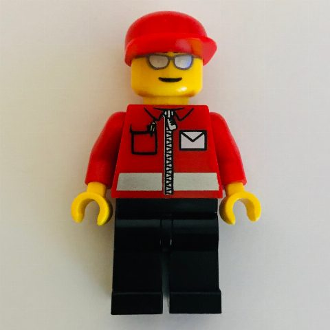 Minifigurka Postal Worker, Red Jacket with Zipper and Letter Logo, Black Legs, Red Cap, Silver Sunglasses