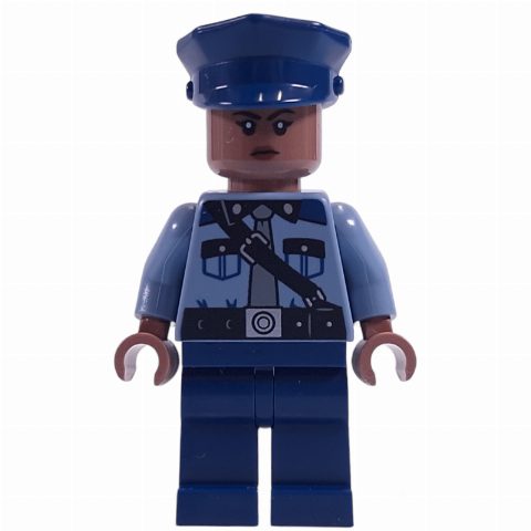 Minifigurka Guard, Sand Blue Torso, Dark Blue Legs, Dark Blue Cap, Medium Brown Head