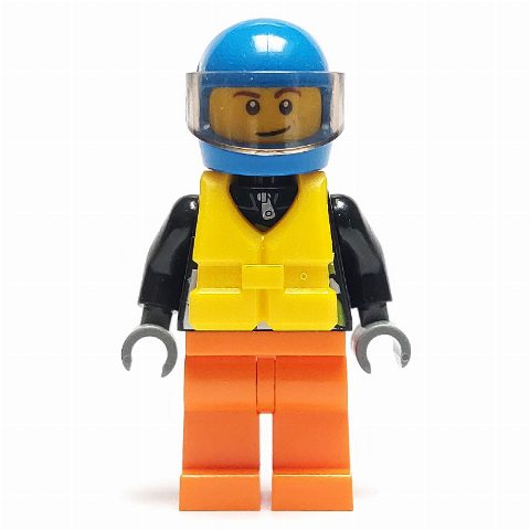 Minifigurka Racer, Black Jacket with Extreme Team Logo, Orange Legs, Blue Helmet with Visor, Yellow Life Vest