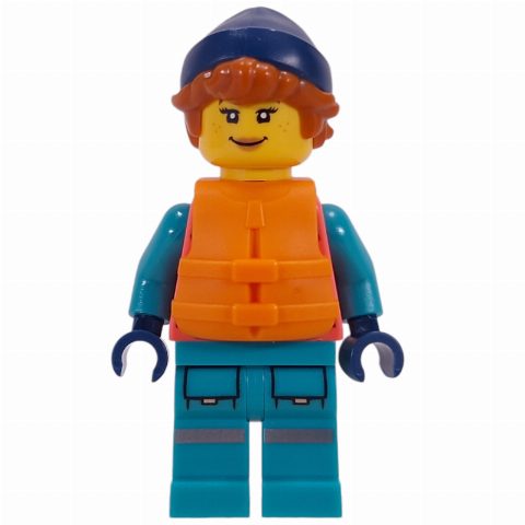 Minifigurka Arctic Explorer, Coral Torso, Dark Turquoise Legs, Dark Blue Beanie, Life Vest