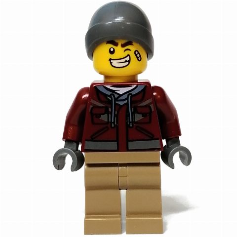 Minifigurka Dark Red Torso, Dark Tan Legs, Dark Bluish Grey Hat