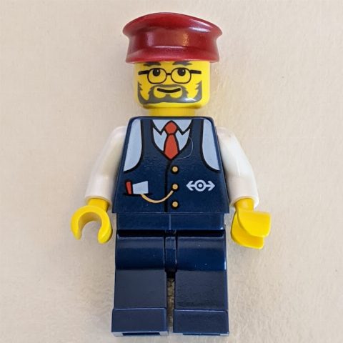 Minifigurka Conductor - Dark Blue Jacket, Dark Blue Legs, Dark Red Hat, Glasses