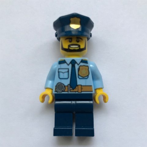 Minifigurka Policeman Captain Ember, Bright Light Blue Shirt with Radio and Badge, Dark Blue Legs, Police Hat with Badge, Beard