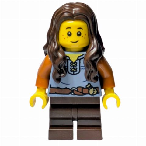 Minifigurka Girl, Sand Blue Torso, Dark Brown Legs, Dark Brown Hair