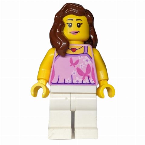 Minifigurka Woman, Bright Pink Halter Top with Butterflies, White Legs, Reddish Brown Hair