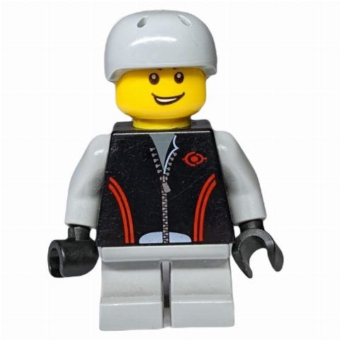 Minifigurka Boy, Black Jacket with Zipper, Short Light Bluish Gray Legs, Helmet