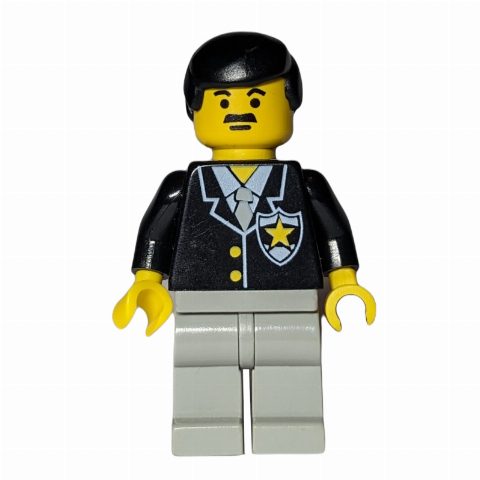 Minifigurka Policeman, Black Jacket with Tie and Badge, Light Gray Legs, Black Hair, Moustache