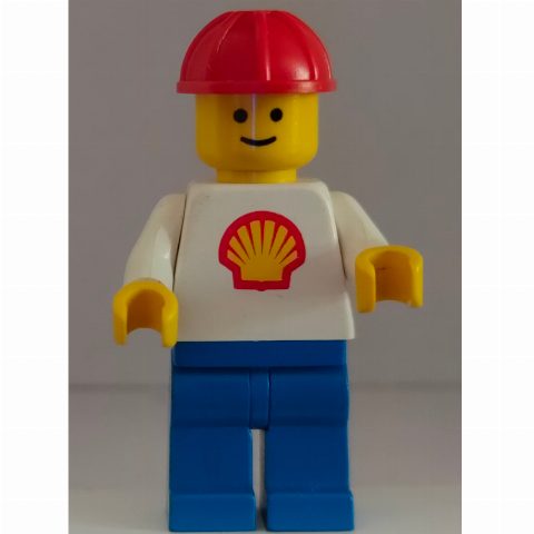 Minifigurka Shell - White Torso with Logo, Blue Legs, Red Construction Helmet