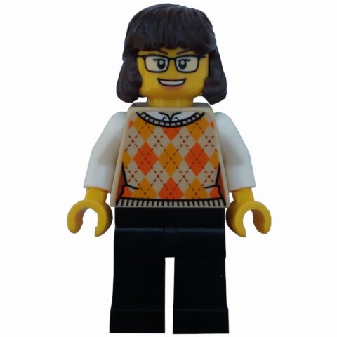 Minifigurka Tan Torso, Sweater, Black Legs, Reddish Brown Hair