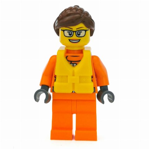 Minifigurka Coast Guard, Woman, Orange Jumpsuit, Yellow Life Vest, Reddish Brown Hair, Glasses