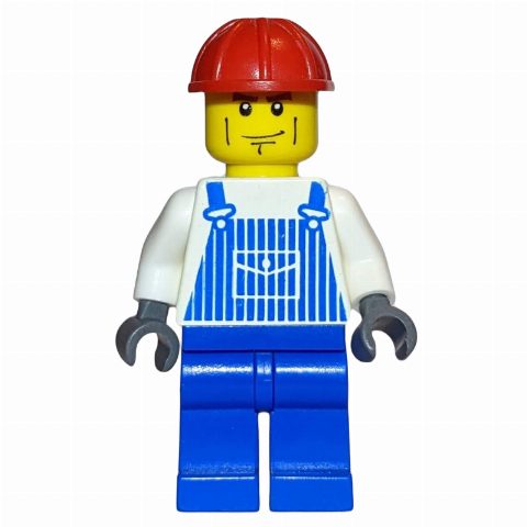 Minifigurka Construction Worker, White and Blue Overalls, Red Hard Hat, Cheek Lines
