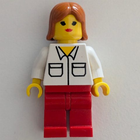 Minifigurka Woman, White Shirt with Pockets, Red Legs, Dark Orange Hair