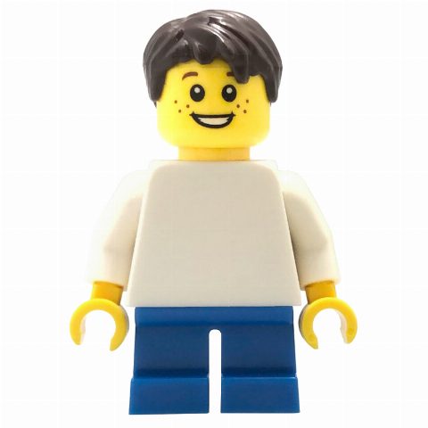 Minifigurka Boy, Plain White Torso, Short Blue Legs, Dark Brown Hair
