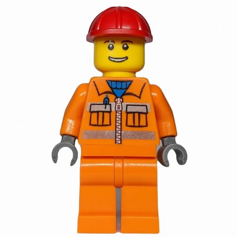 Minifigurka Construction Worker, Orange Jacket with Zipper and Reflective Stripes, Red Hard Hat