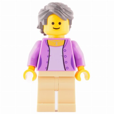 Minifigurka Medium Lavender Torso, Tan Legs, Dark Bluish Gray Hair
