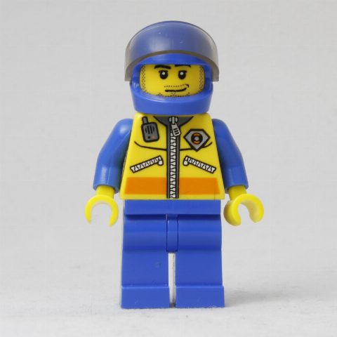 Minifigurka Coast Guard, Yellow Jacket with Zipper, Radio and Badge, Blue Helmet with Visor, Stubble