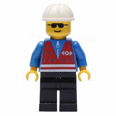 Minifigurka Train Worker - Red Vest, Black Legs, White Helmet, Sunglasses